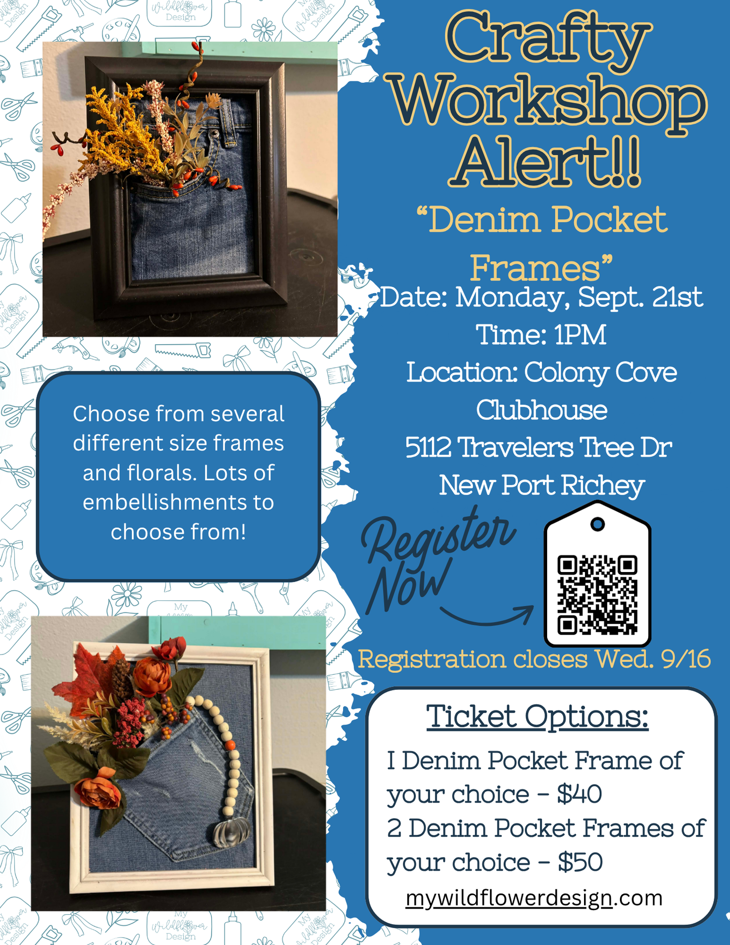 Public- Workshop - Denim Pocket Frame Class at Colony Cove