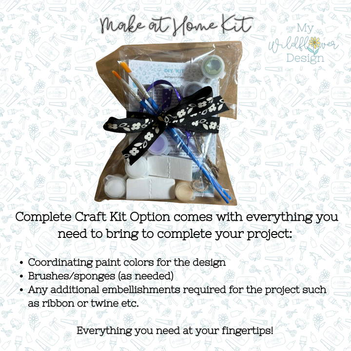 Craft kit with paint, brushes, and ribbon on a white background with text about the kit's contents.
