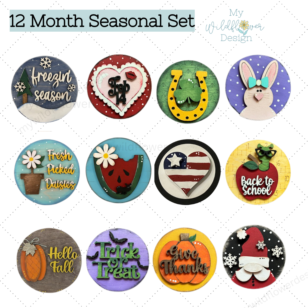 Set of 12 circular designs representing different seasons and themes, each with a unique message.